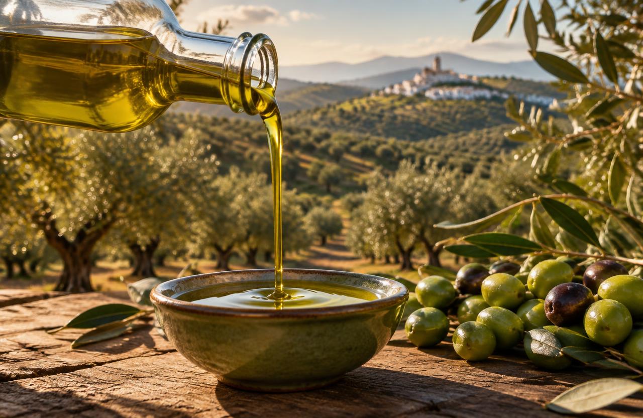 Aceite de oliva virgen extra español vertiéndose junto a aceitunas y olivar
