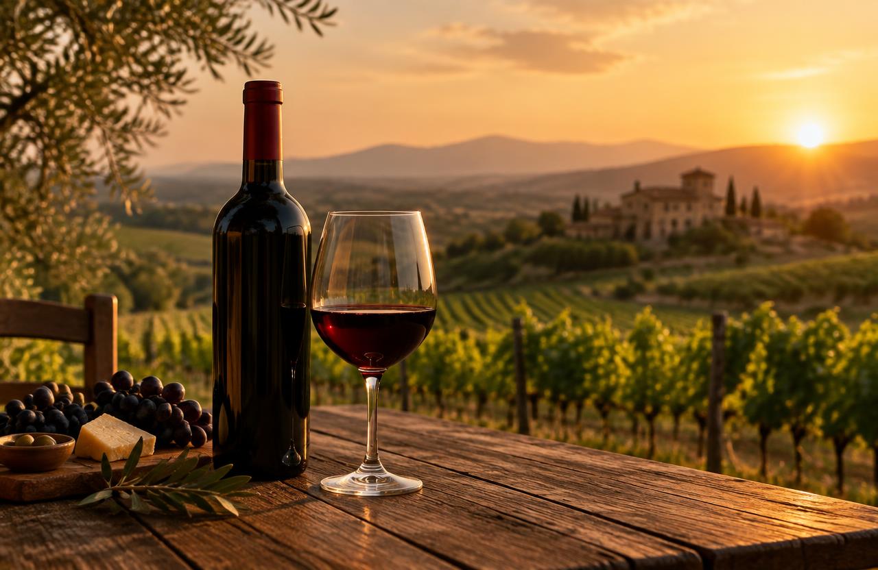 Botella y copa de vino tinto español junto a un viñedo